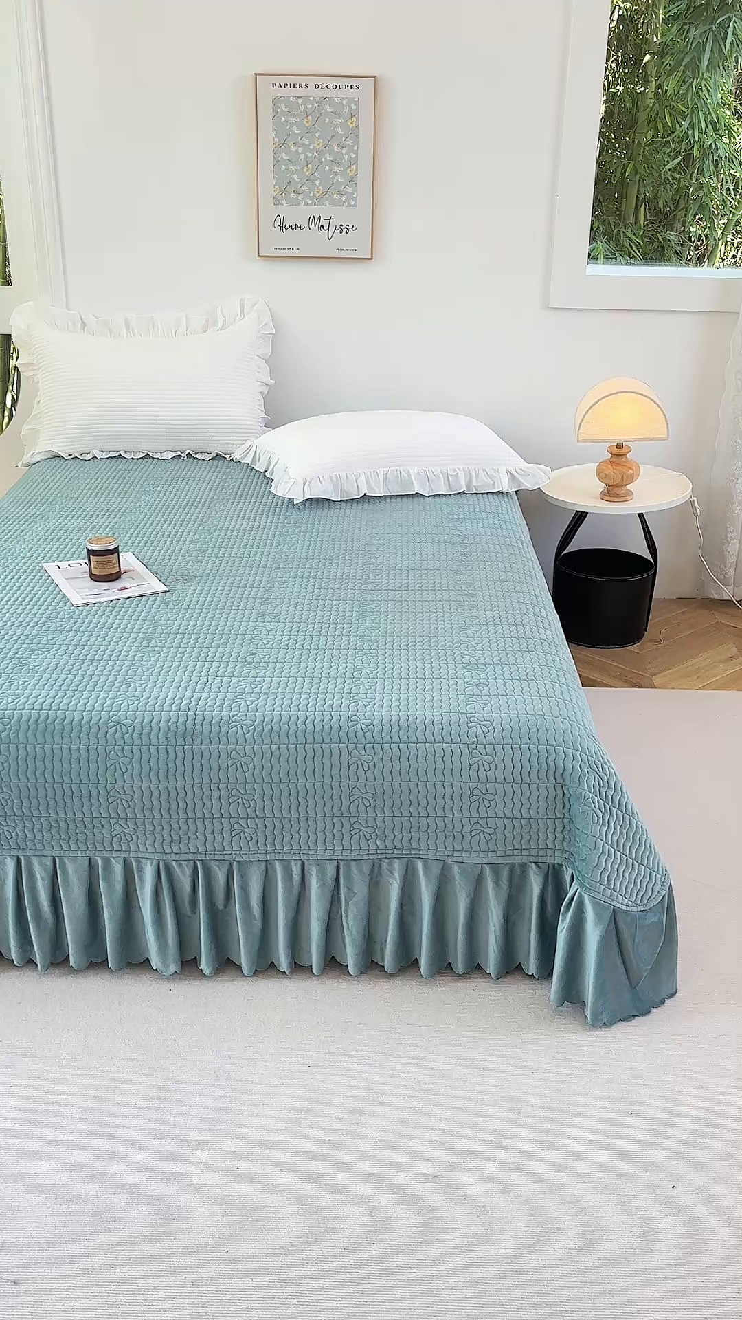 91家纺网 家纺一手货源 找家纺 尚品凤凰 2025新款加厚宝宝绒绗缝夹棉单床裙单品床裙单件床裙-蝴蝶结 宝绿