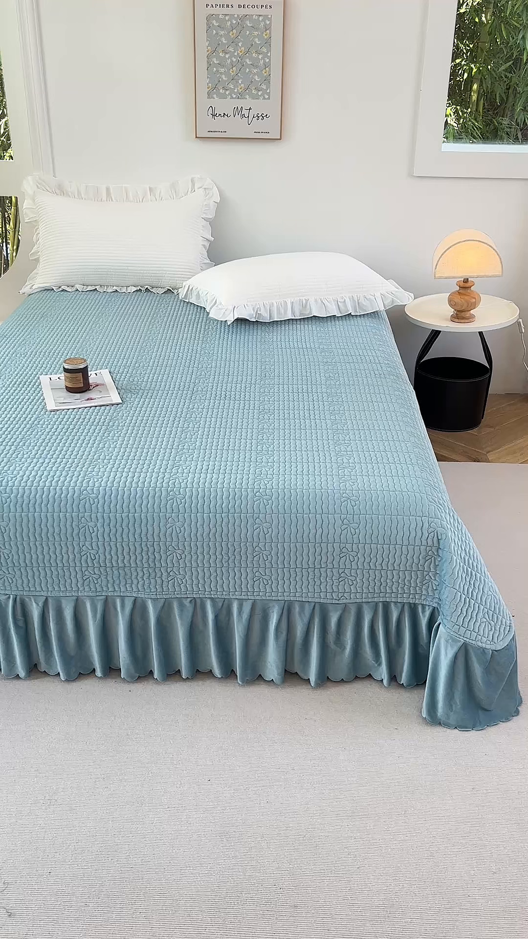 91家纺网 家纺一手货源 找家纺 尚品凤凰 2025新款加厚宝宝绒绗缝夹棉单床裙单品床裙单件床裙-蝴蝶结 浅蓝