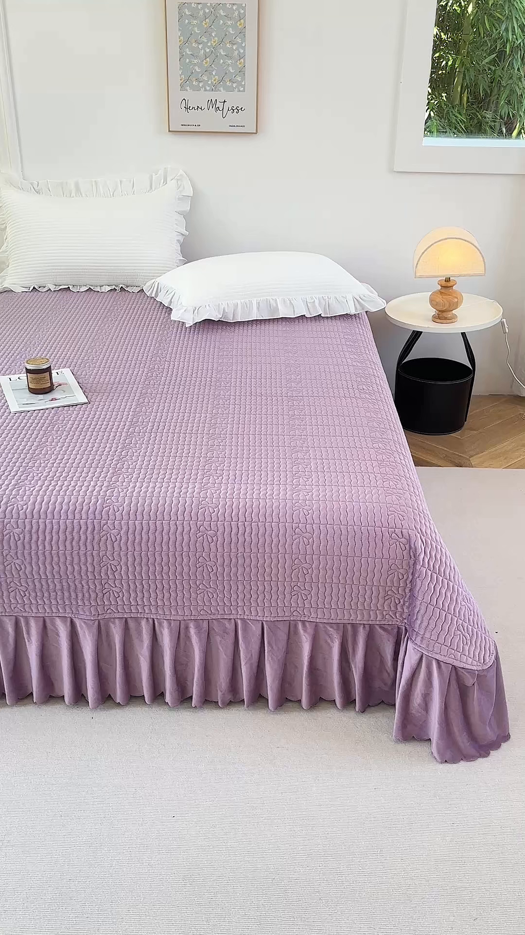 91家纺网 家纺一手货源 找家纺 尚品凤凰 2025新款加厚宝宝绒绗缝夹棉单床裙单品床裙单件床裙-蝴蝶结 紫色