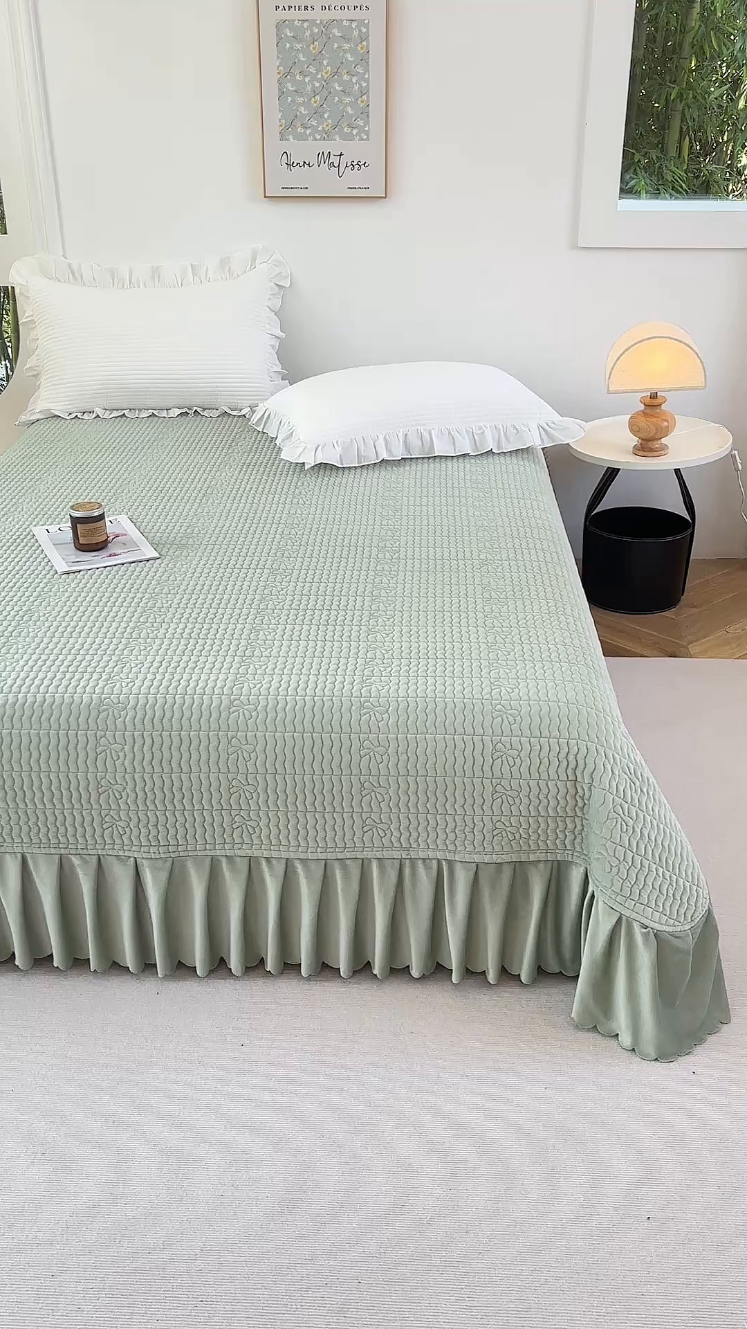 91家纺网 家纺一手货源 找家纺 尚品凤凰 2025新款加厚宝宝绒绗缝夹棉单床裙单品床裙单件床裙-蝴蝶结 果绿