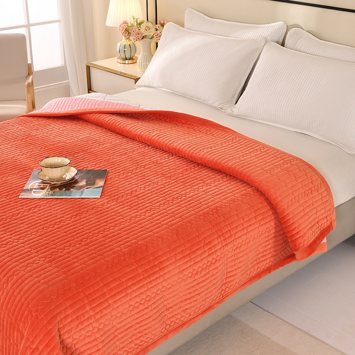 91家纺网 家纺一手货源 找家纺 尚品凤凰 2025新款加厚宝宝绒直角绗缝夹棉单床盖单品床盖单件床盖 橙色