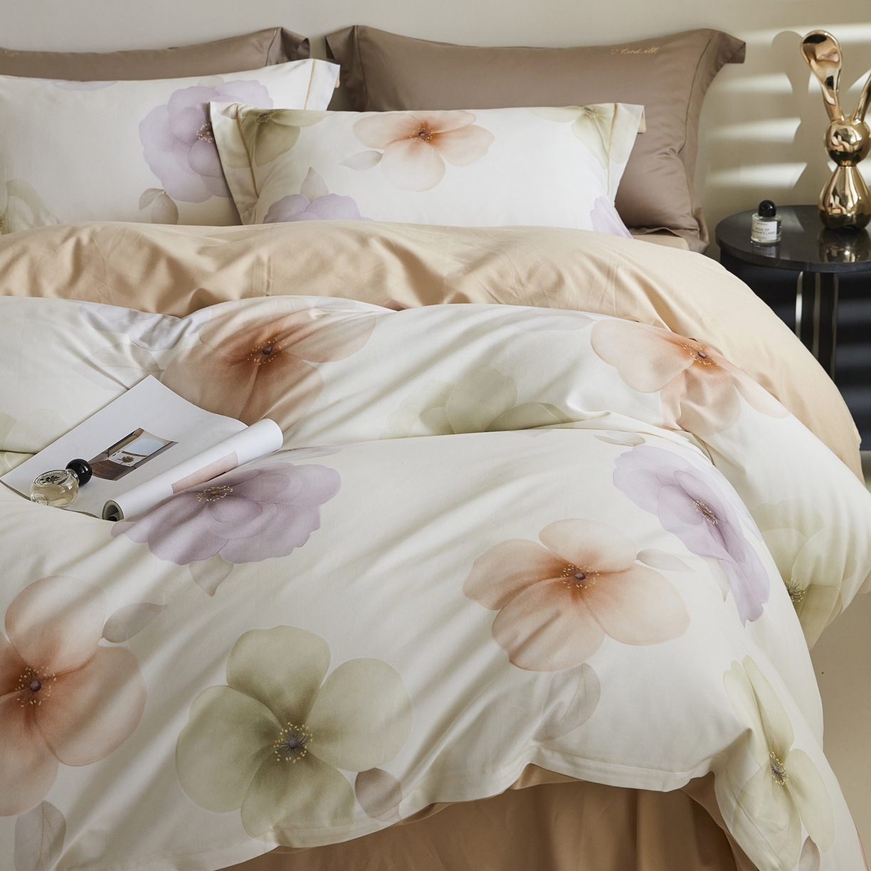 91家纺网 家纺一手货源 找家纺 嘉汀兰家居 2025新款全棉纯棉数码印花生态磨毛四件套 繁花桔