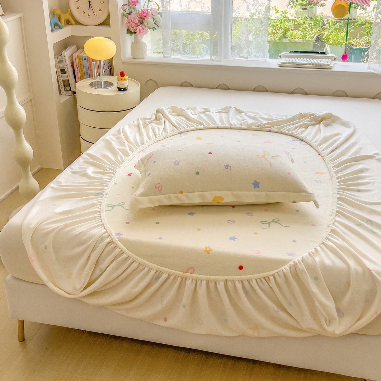 91家纺网 家纺一手货源 找家纺 丝羽坊 2025新款印花小清新牛奶绒印花床笠三件套 曼妙时光