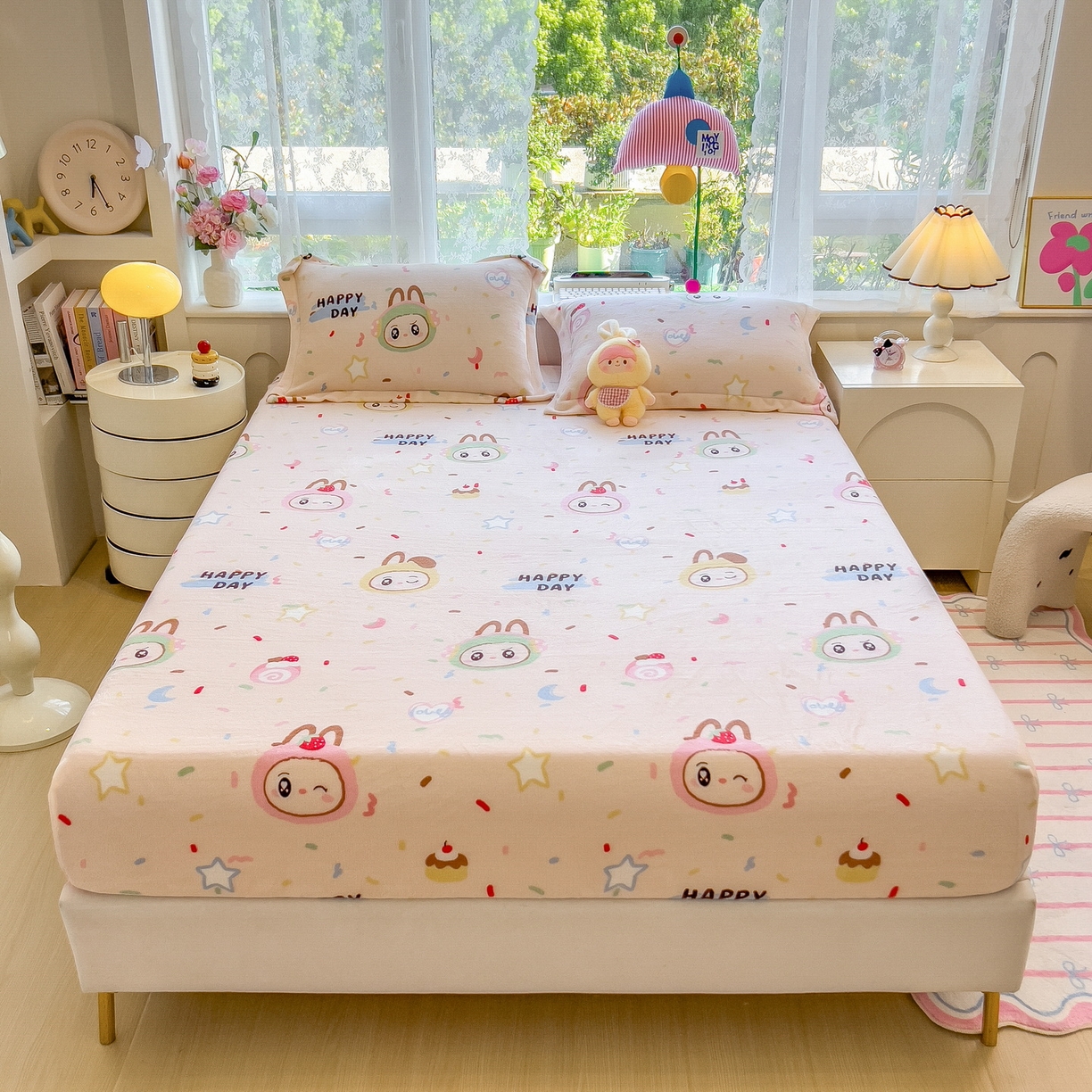 91家纺网 家纺一手货源 找家纺 丝羽坊 2025新款印花小清新牛奶绒印花床笠三件套 萌布布