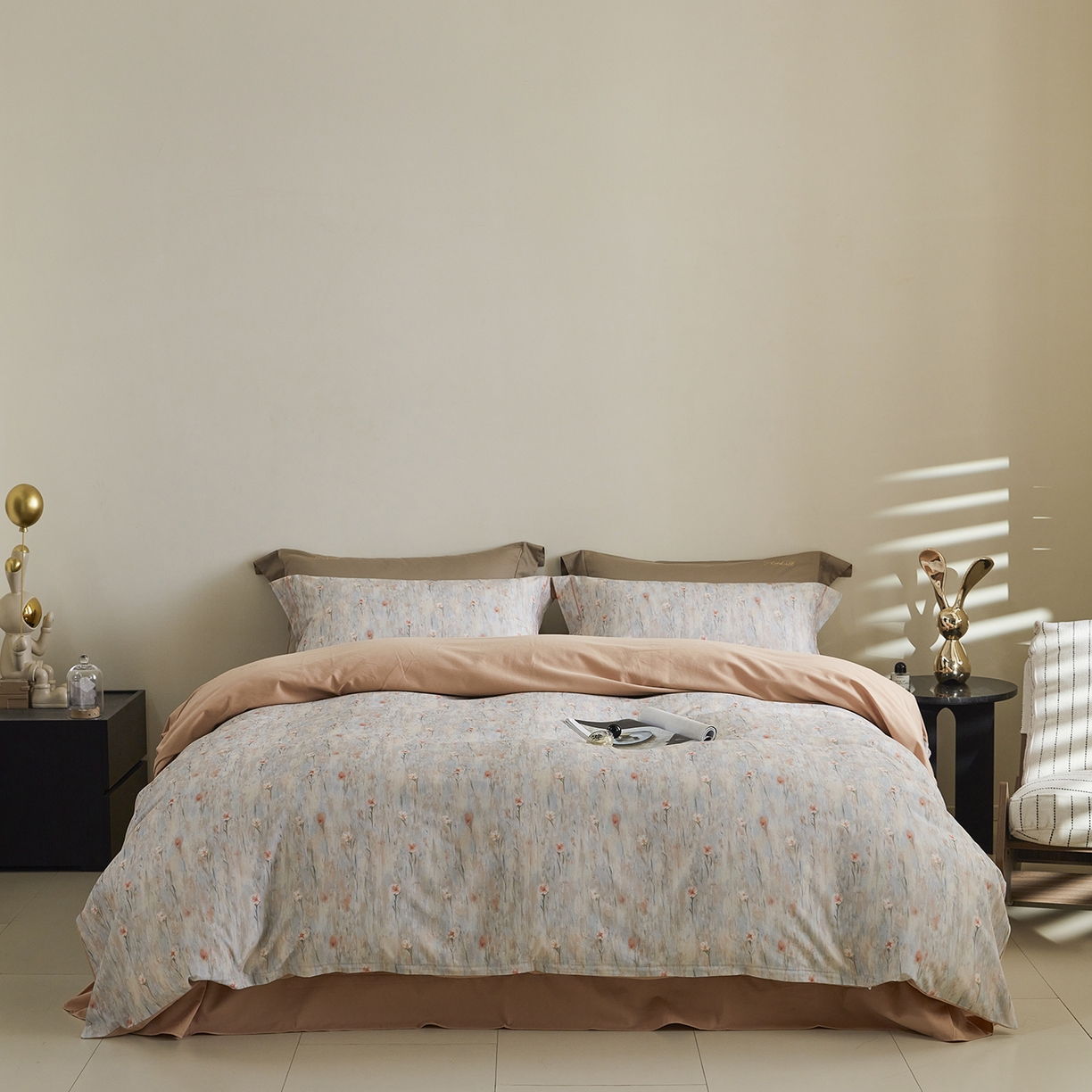 91家纺网 家纺一手货源 找家纺 嘉汀兰家居 2025新款全棉纯棉数码印花生态磨毛四件套 花影桔