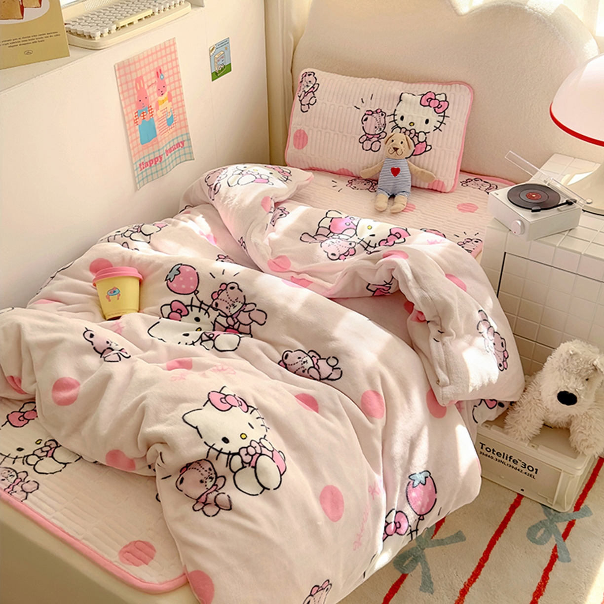 希诺家居 2025新款儿童系列正版三丽鸥牛奶绒三件套幼儿园多件套 波点kt