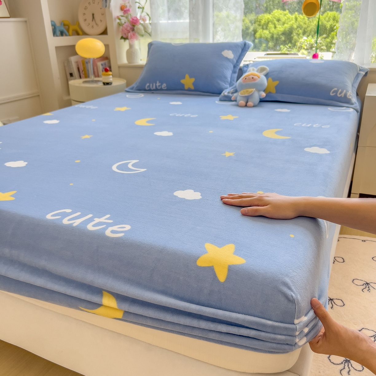 丝羽坊 2025新款印花小清新牛奶绒印花床笠三件套 星空物语