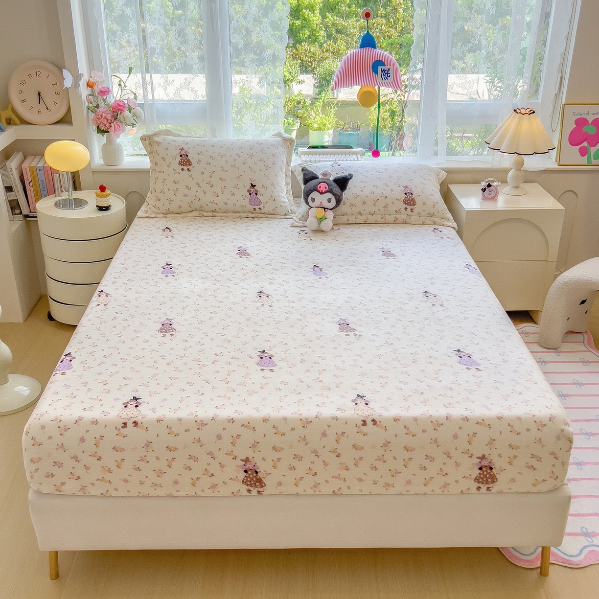 91家纺网 家纺一手货源 找家纺 丝羽坊 2025新款印花小清新牛奶绒印花床笠三件套 小美好