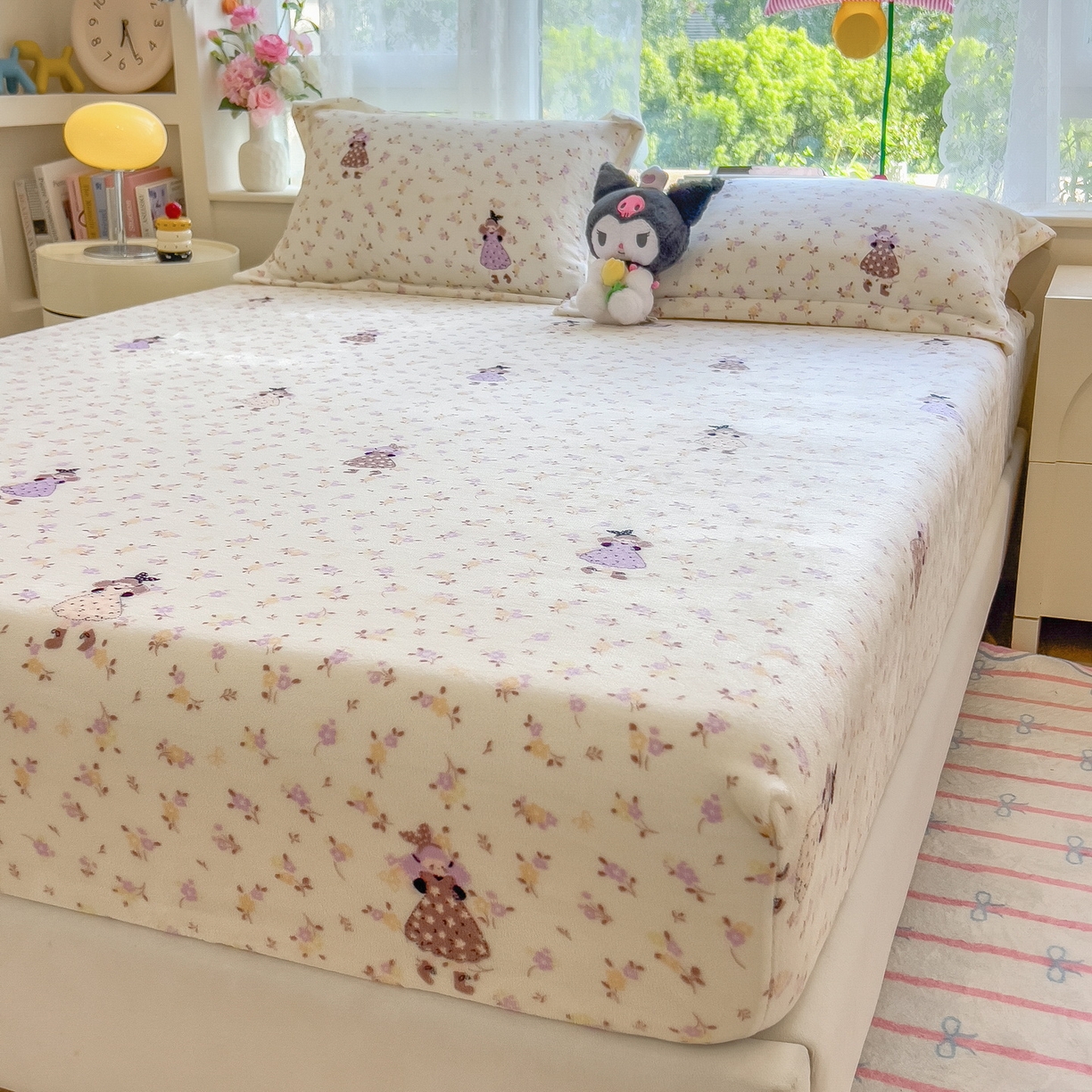 91家纺网 家纺一手货源 找家纺 丝羽坊 2025新款印花小清新牛奶绒印花床笠三件套 小美好