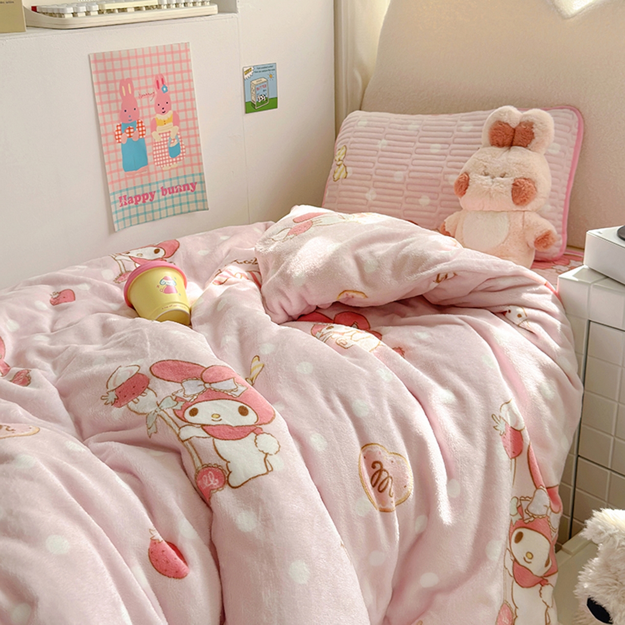 91家纺网 家纺一手货源 找家纺 希诺家居 2025新款儿童系列正版三丽鸥牛奶绒三件套幼儿园多件套 甜甜美乐蒂