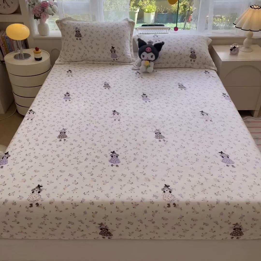 91家纺网 家纺一手货源 找家纺 丝羽坊 2025新款印花小清新牛奶绒印花床笠三件套 小美好