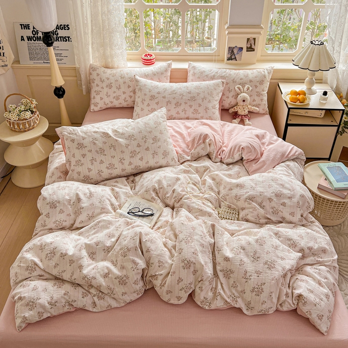 91家纺网 家纺一手货源 找家纺 （总）梦纤绒 2025新款云感木棉皱皱双层纱四件套-简单款