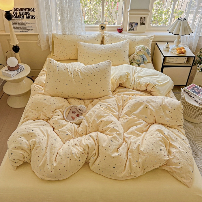 91家纺网 家纺一手货源 找家纺 （总）梦纤绒 2025新款云感木棉皱皱双层纱四件套-简单款