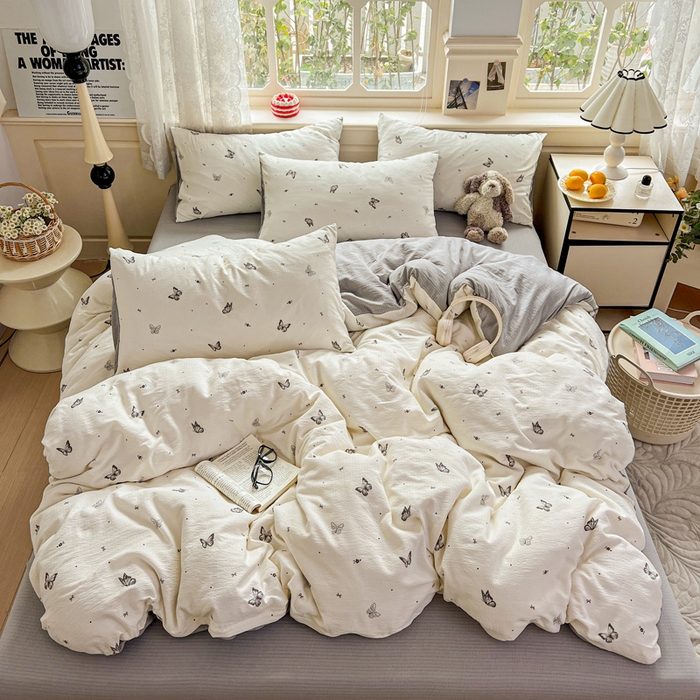 91家纺网 家纺一手货源 找家纺 （总）梦纤绒 2025新款云感木棉皱皱双层纱四件套-简单款