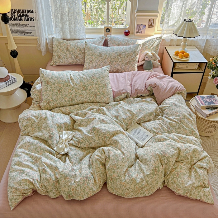 91家纺网 家纺一手货源 找家纺 （总）梦纤绒 2025新款云感木棉皱皱双层纱四件套-简单款