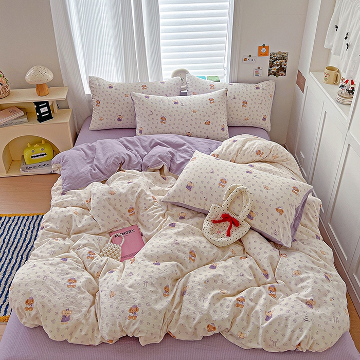 91家纺网 家纺一手货源 找家纺 （总）梦纤绒 2025新款云感木棉皱皱双层纱四件套-简单款