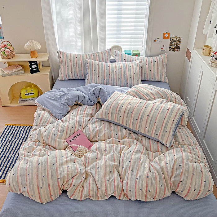 91家纺网 家纺一手货源 找家纺 （总）梦纤绒 2025新款云感木棉皱皱双层纱四件套-简单款