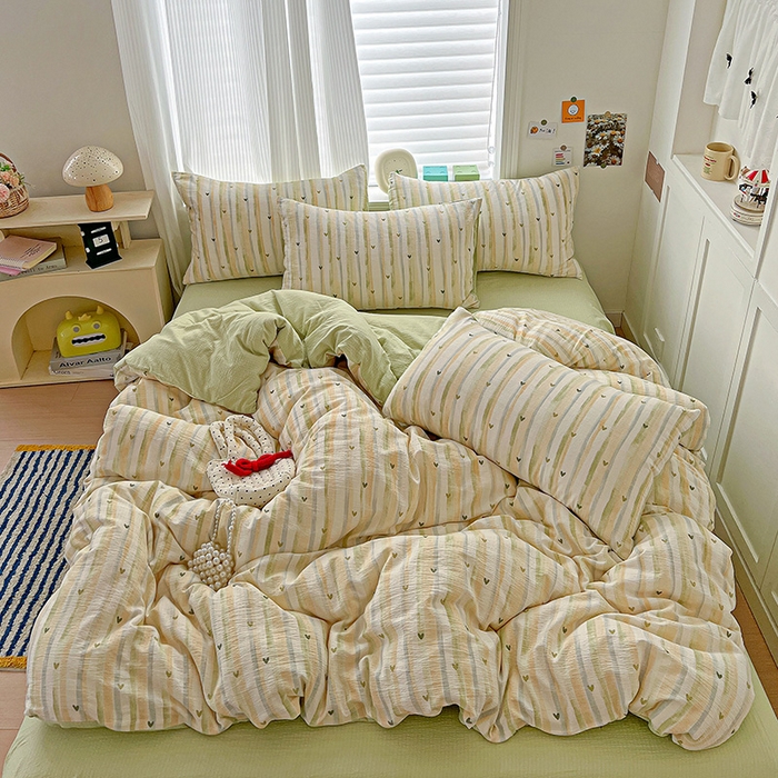 91家纺网 家纺一手货源 找家纺 （总）梦纤绒 2025新款云感木棉皱皱双层纱四件套-简单款