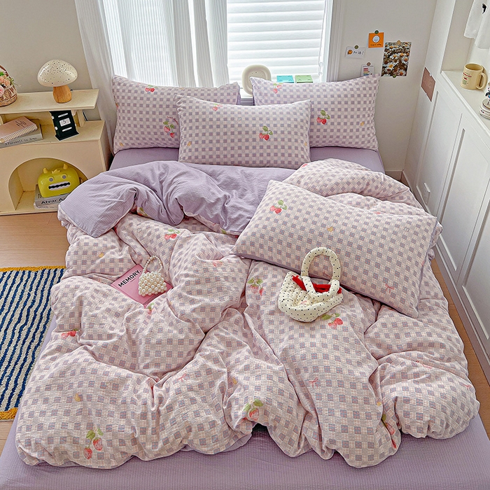 91家纺网 家纺一手货源 找家纺 （总）梦纤绒 2025新款云感木棉皱皱双层纱四件套-简单款