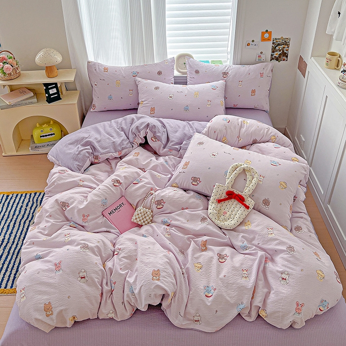 91家纺网 家纺一手货源 找家纺 （总）梦纤绒 2025新款云感木棉皱皱双层纱四件套-简单款