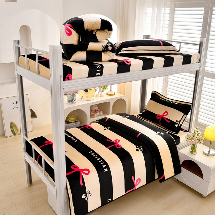 绒品荟家纺 2025新款加厚牛奶绒三件套金貂绒法莱绒冬季床单款床笠款学生宿舍单人三件套情人结