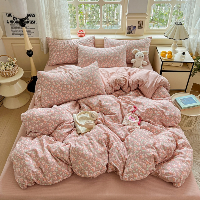 91家纺网 家纺一手货源 找家纺 （总）梦纤绒 2025新款云感木棉皱皱双层纱四件套-简单款