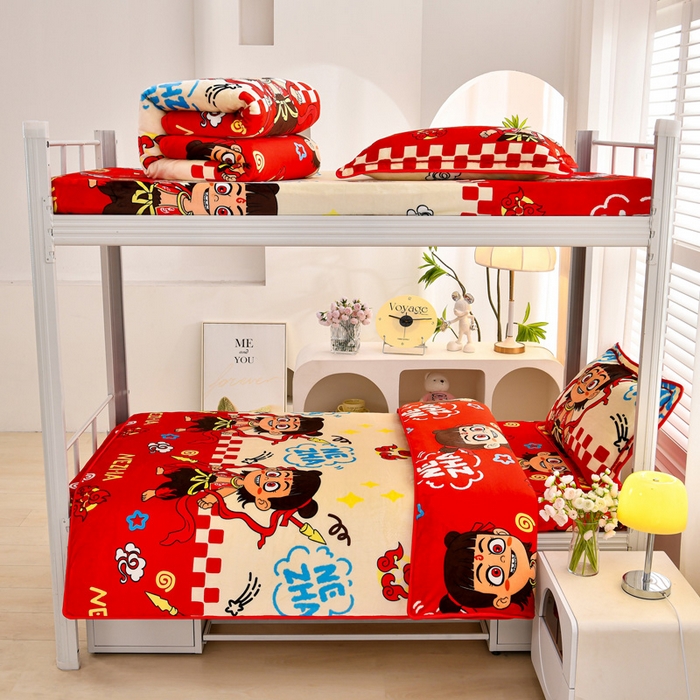 91家纺网 家纺一手货源 找家纺 绒品荟家纺 2025新款加厚牛奶绒三件套金貂绒法莱绒冬季床单款床笠款学生宿舍单人三件套哪吒