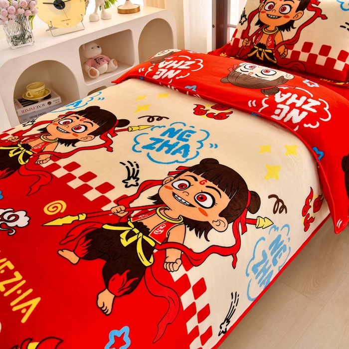 91家纺网 家纺一手货源 找家纺 绒品荟家纺 2025新款加厚牛奶绒三件套金貂绒法莱绒冬季床单款床笠款学生宿舍单人三件套哪吒