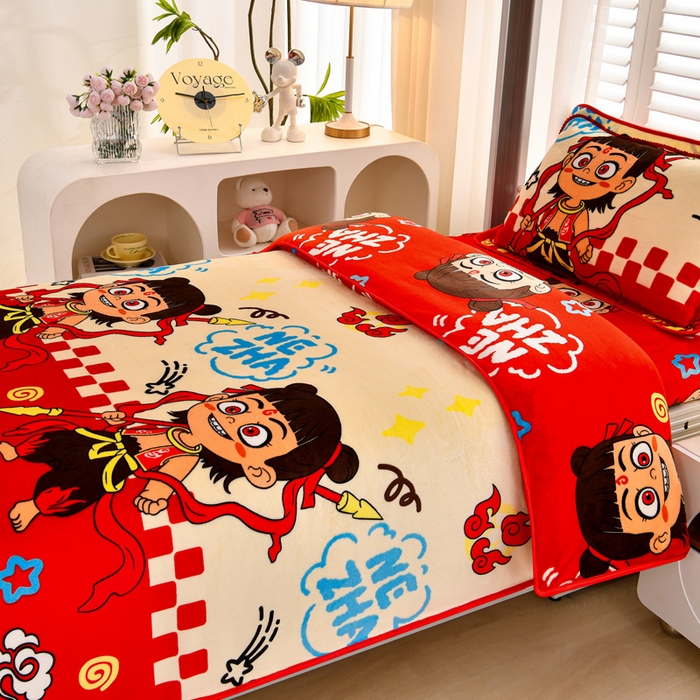 91家纺网 家纺一手货源 找家纺 绒品荟家纺 2025新款加厚牛奶绒三件套金貂绒法莱绒冬季床单款床笠款学生宿舍单人三件套哪吒