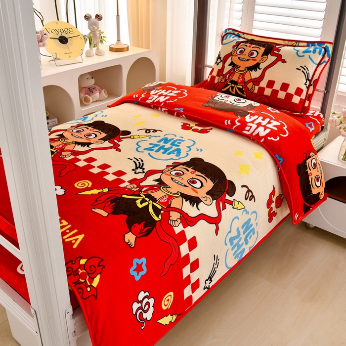 91家纺网 家纺一手货源 找家纺 绒品荟家纺 2025新款加厚牛奶绒三件套金貂绒法莱绒冬季床单款床笠款学生宿舍单人三件套哪吒