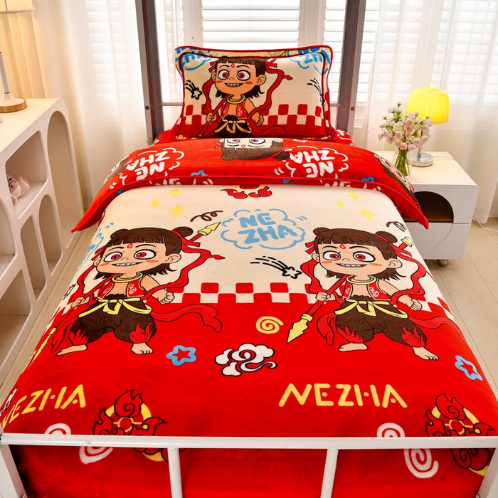 91家纺网 家纺一手货源 找家纺 绒品荟家纺 2025新款加厚牛奶绒三件套金貂绒法莱绒冬季床单款床笠款学生宿舍单人三件套哪吒