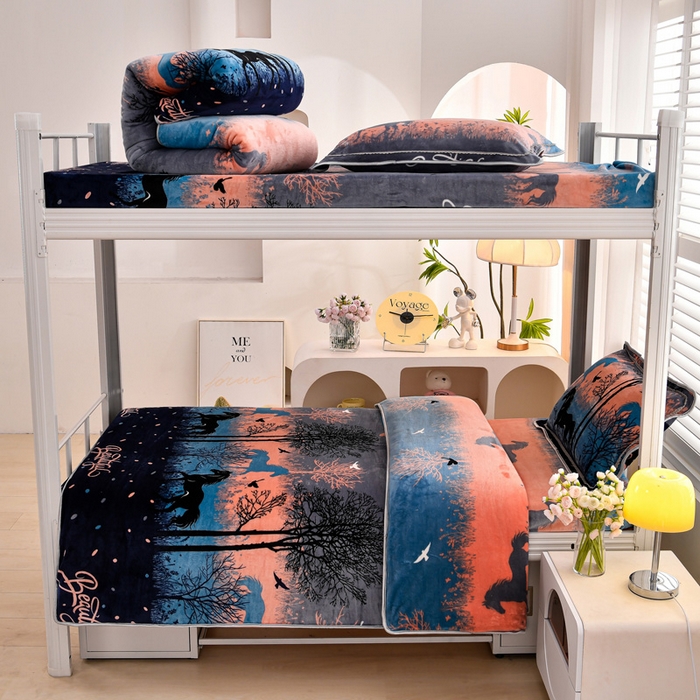 91家纺网 家纺一手货源 找家纺 绒品荟家纺 2025新款加厚牛奶绒三件套金貂绒法莱绒冬季床单款床笠款学生宿舍单人三件套天马行空