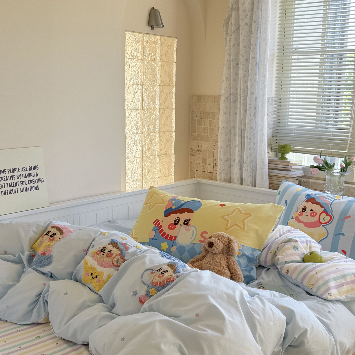 91家纺网 家纺一手货源 找家纺 柚子YOUTH 2025新款全棉A类母婴级卡通绣花四件套 吹泡泡