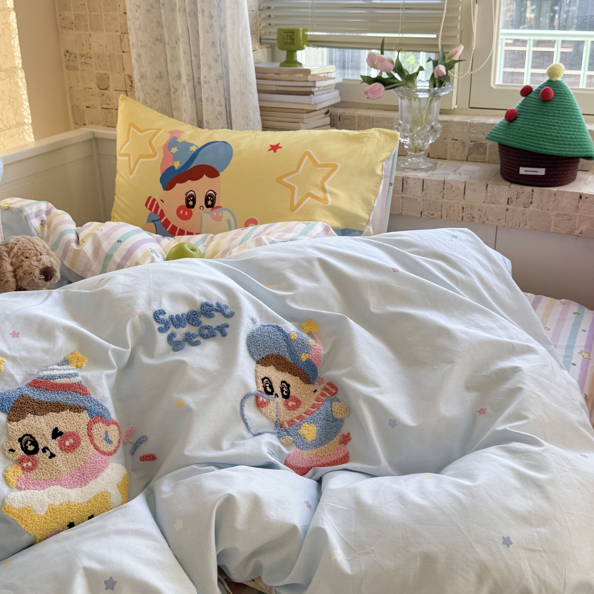 91家纺网 家纺一手货源 找家纺 柚子YOUTH 2025新款全棉A类母婴级卡通绣花四件套 吹泡泡