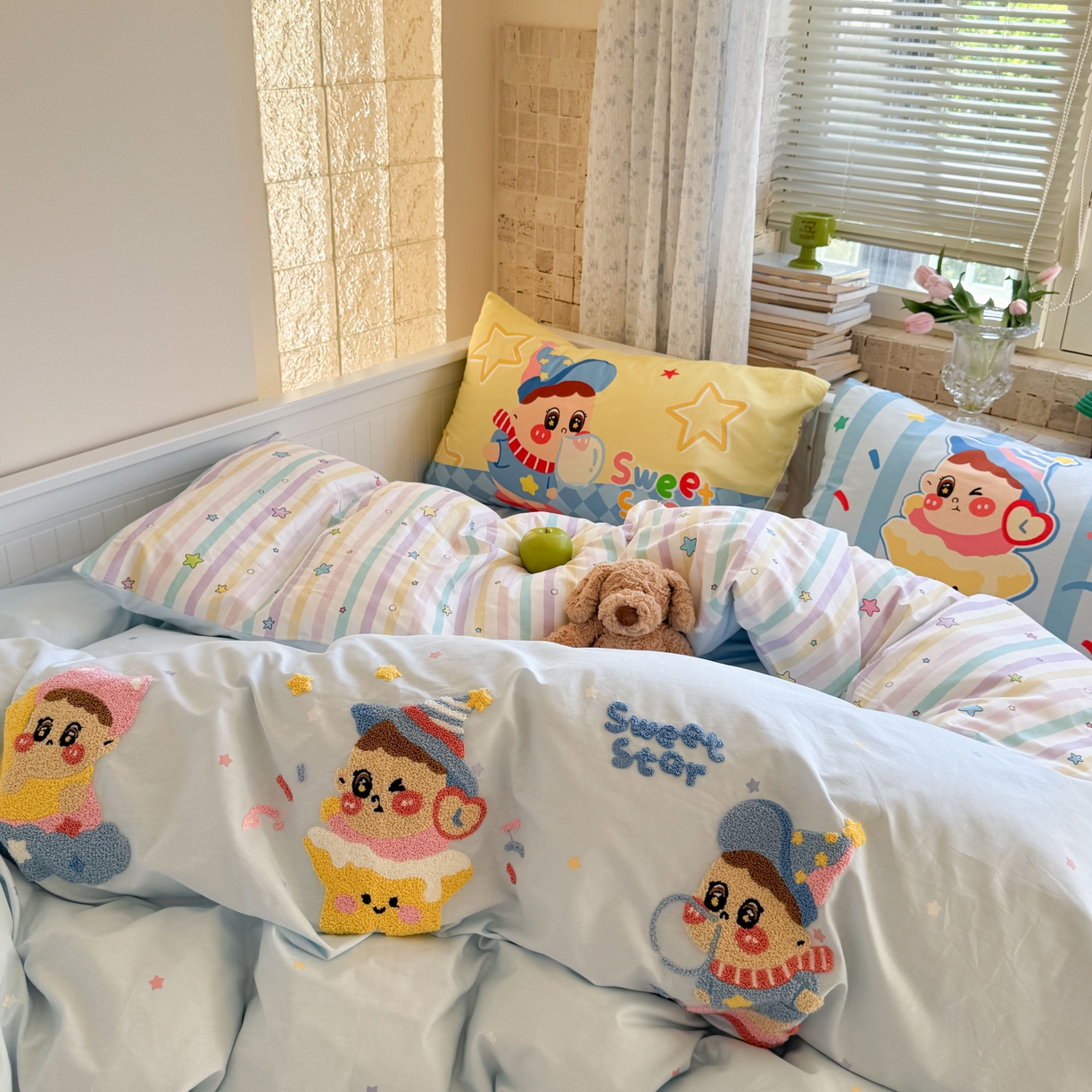 91家纺网 家纺一手货源 找家纺 柚子YOUTH 2025新款全棉A类母婴级卡通绣花四件套 吹泡泡