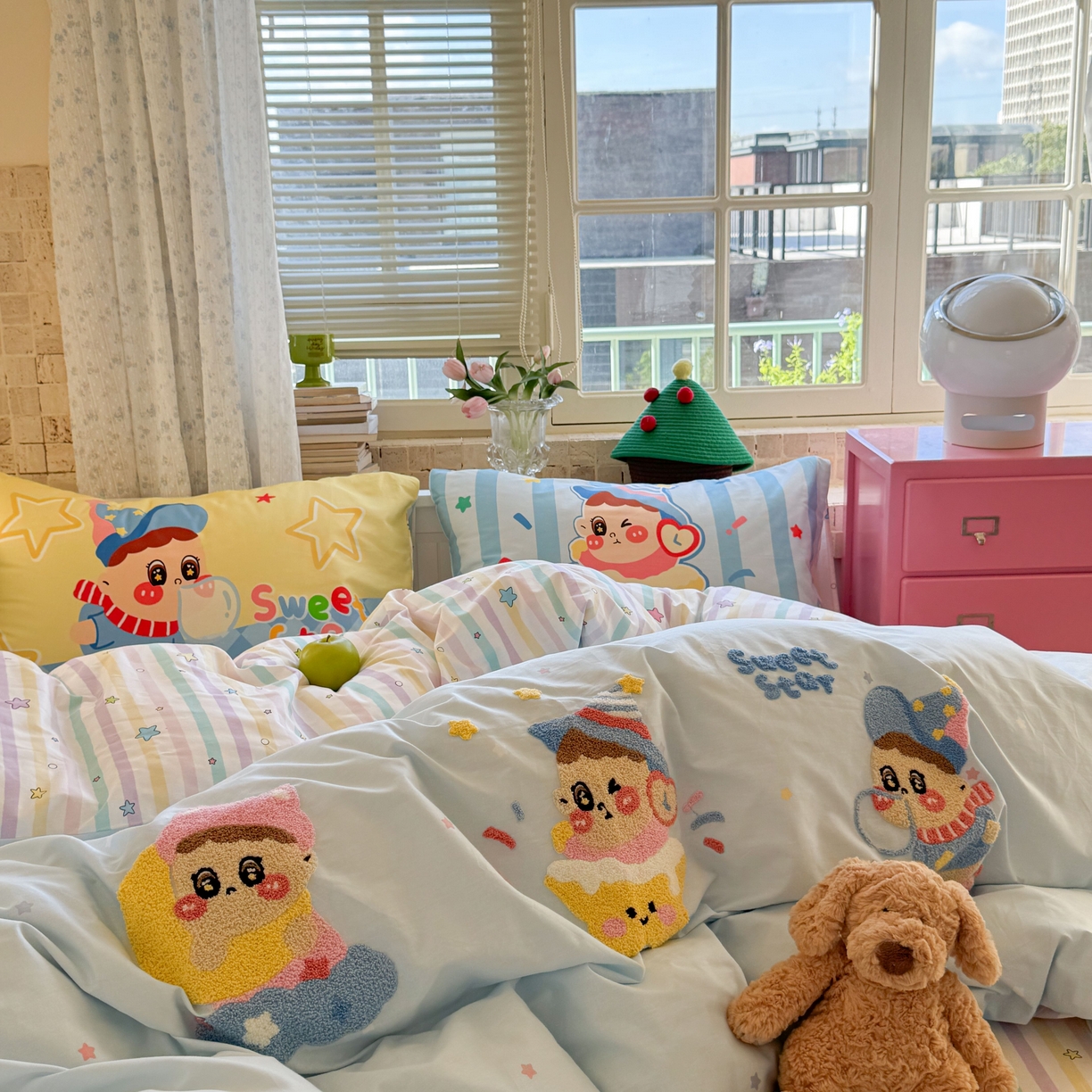 91家纺网 家纺一手货源 找家纺 柚子YOUTH 2025新款全棉A类母婴级卡通绣花四件套 吹泡泡