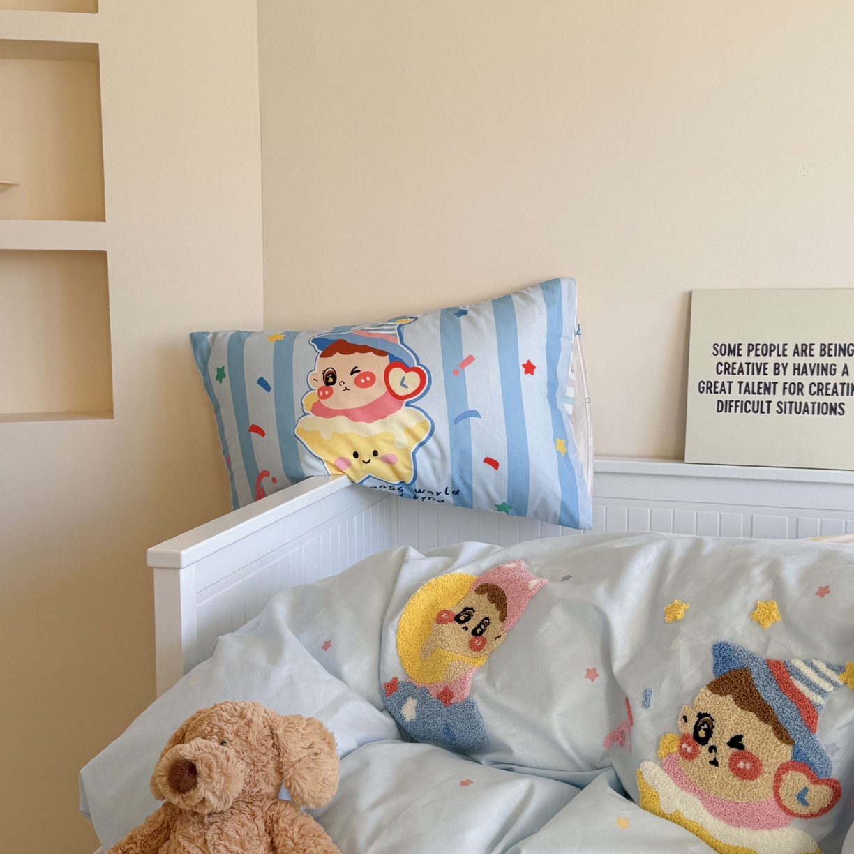 91家纺网 家纺一手货源 找家纺 柚子YOUTH 2025新款全棉A类母婴级卡通绣花四件套 吹泡泡