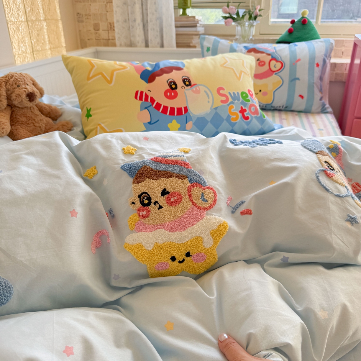 91家纺网 家纺一手货源 找家纺 柚子YOUTH 2025新款全棉A类母婴级卡通绣花四件套 吹泡泡