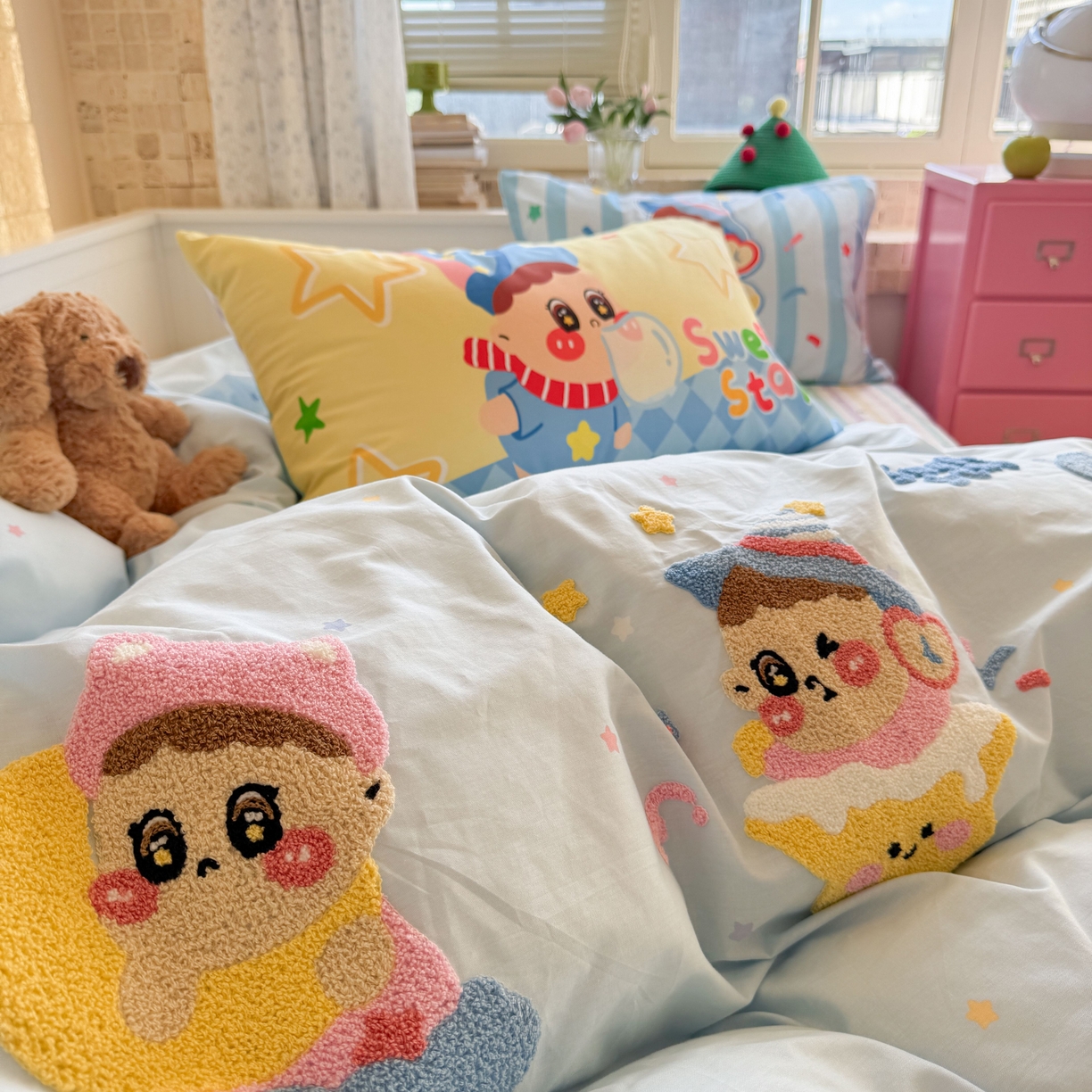 91家纺网 家纺一手货源 找家纺 柚子YOUTH 2025新款全棉A类母婴级卡通绣花四件套 吹泡泡