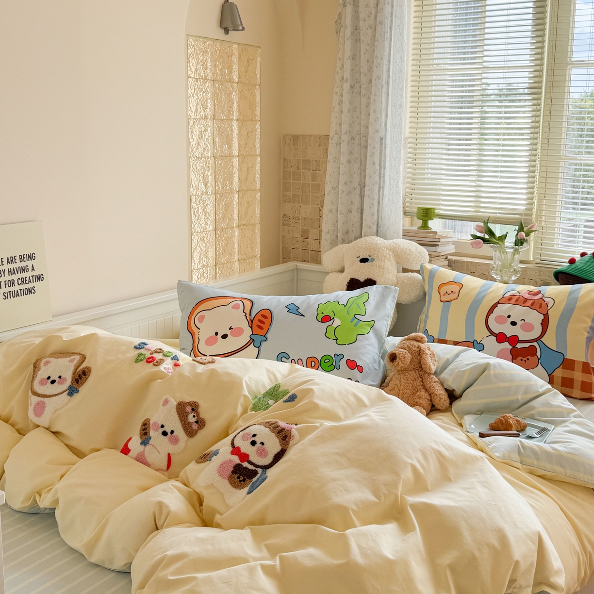 91家纺网 家纺一手货源 找家纺 柚子YOUTH 2025新款全棉A类母婴级卡通绣花四件套 小狗面包