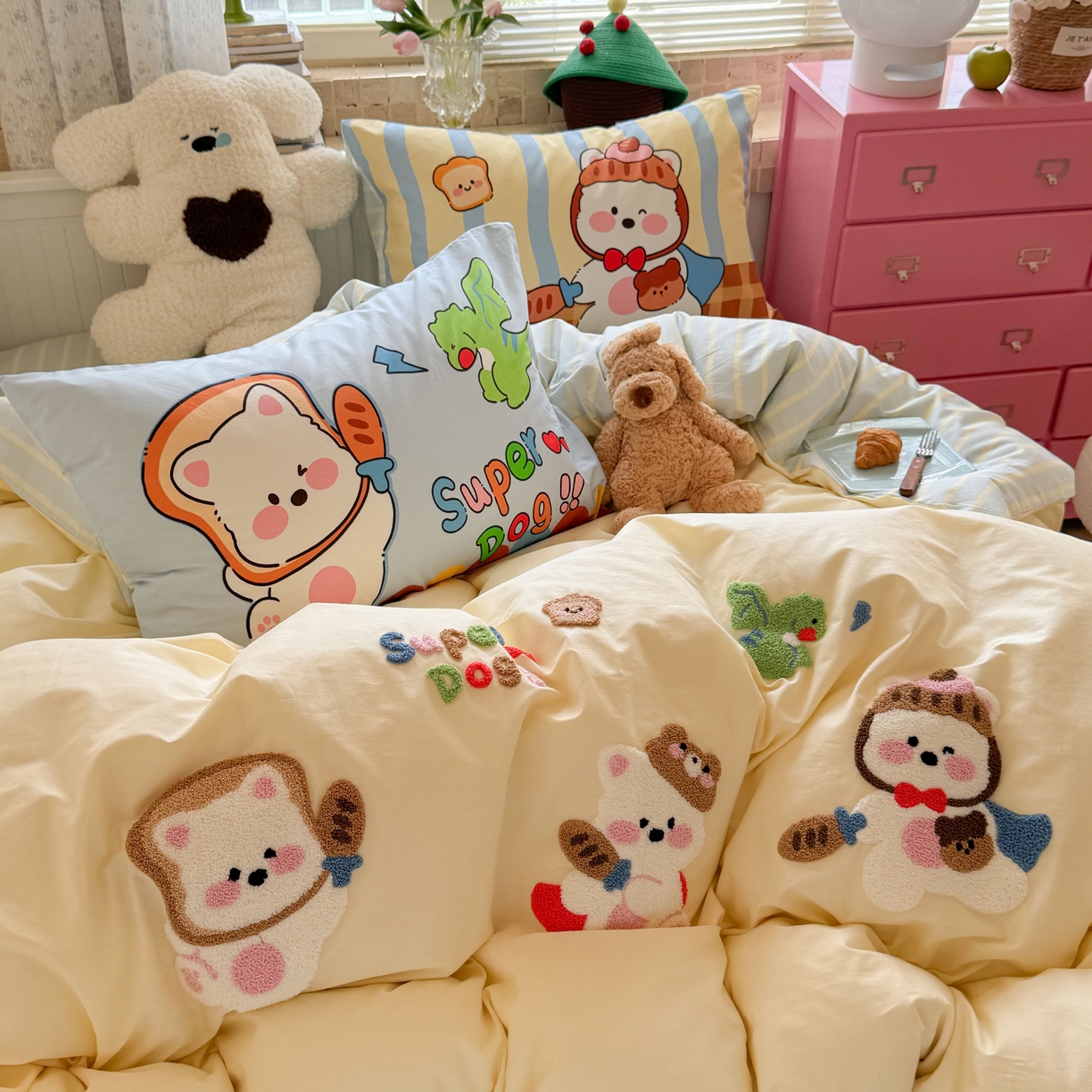 91家纺网 家纺一手货源 找家纺 柚子YOUTH 2025新款全棉A类母婴级卡通绣花四件套 小狗面包