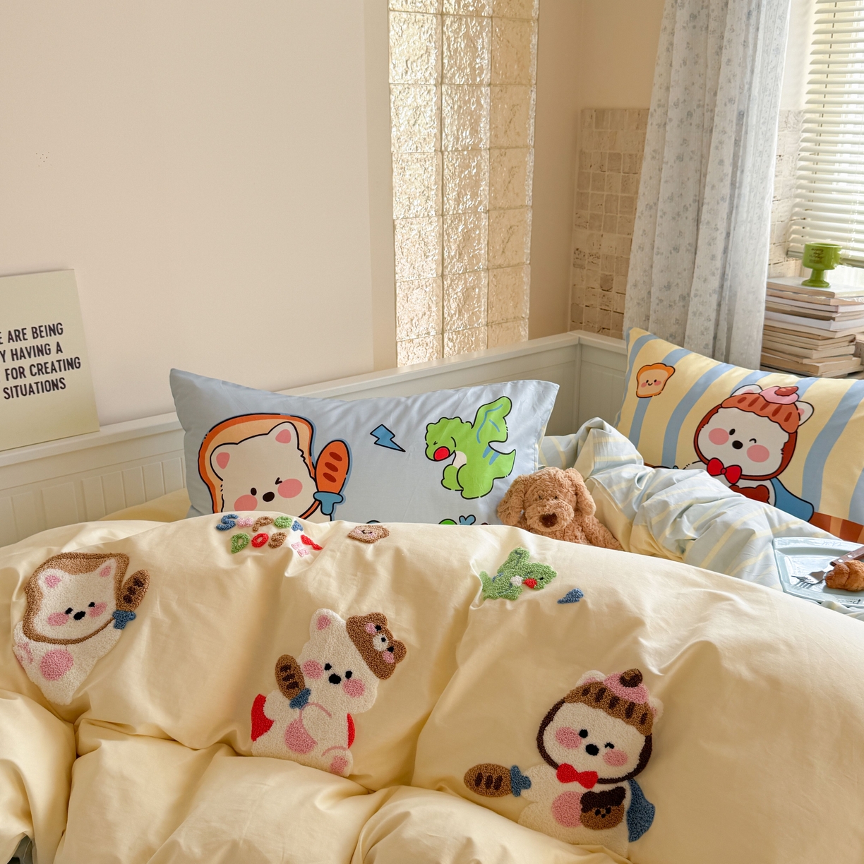 91家纺网 家纺一手货源 找家纺 柚子YOUTH 2025新款全棉A类母婴级卡通绣花四件套 小狗面包