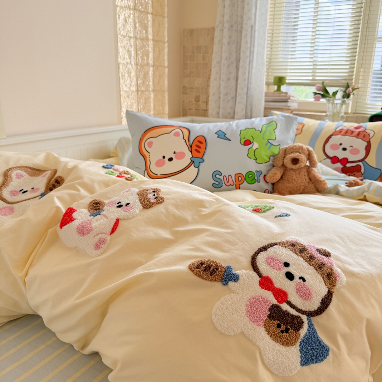 91家纺网 家纺一手货源 找家纺 柚子YOUTH 2025新款全棉A类母婴级卡通绣花四件套 小狗面包