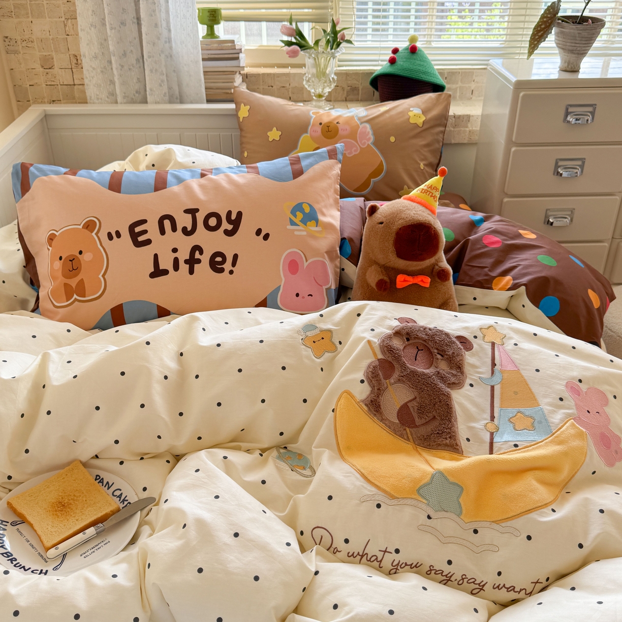 91家纺网 家纺一手货源 找家纺 柚子YOUTH 2025新款全棉A类母婴级卡通绣花四件套 月亮船