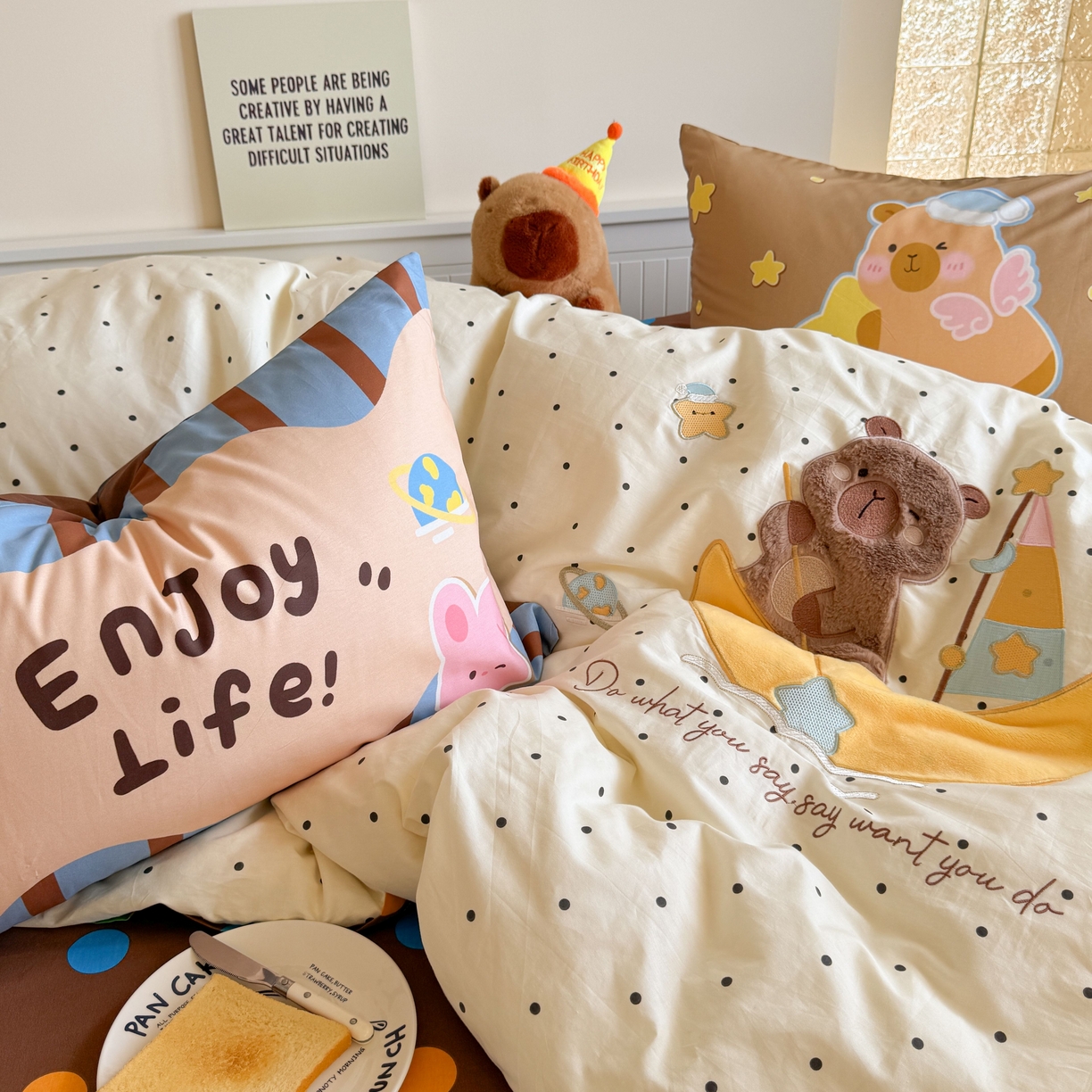 91家纺网 家纺一手货源 找家纺 柚子YOUTH 2025新款全棉A类母婴级卡通绣花四件套 月亮船