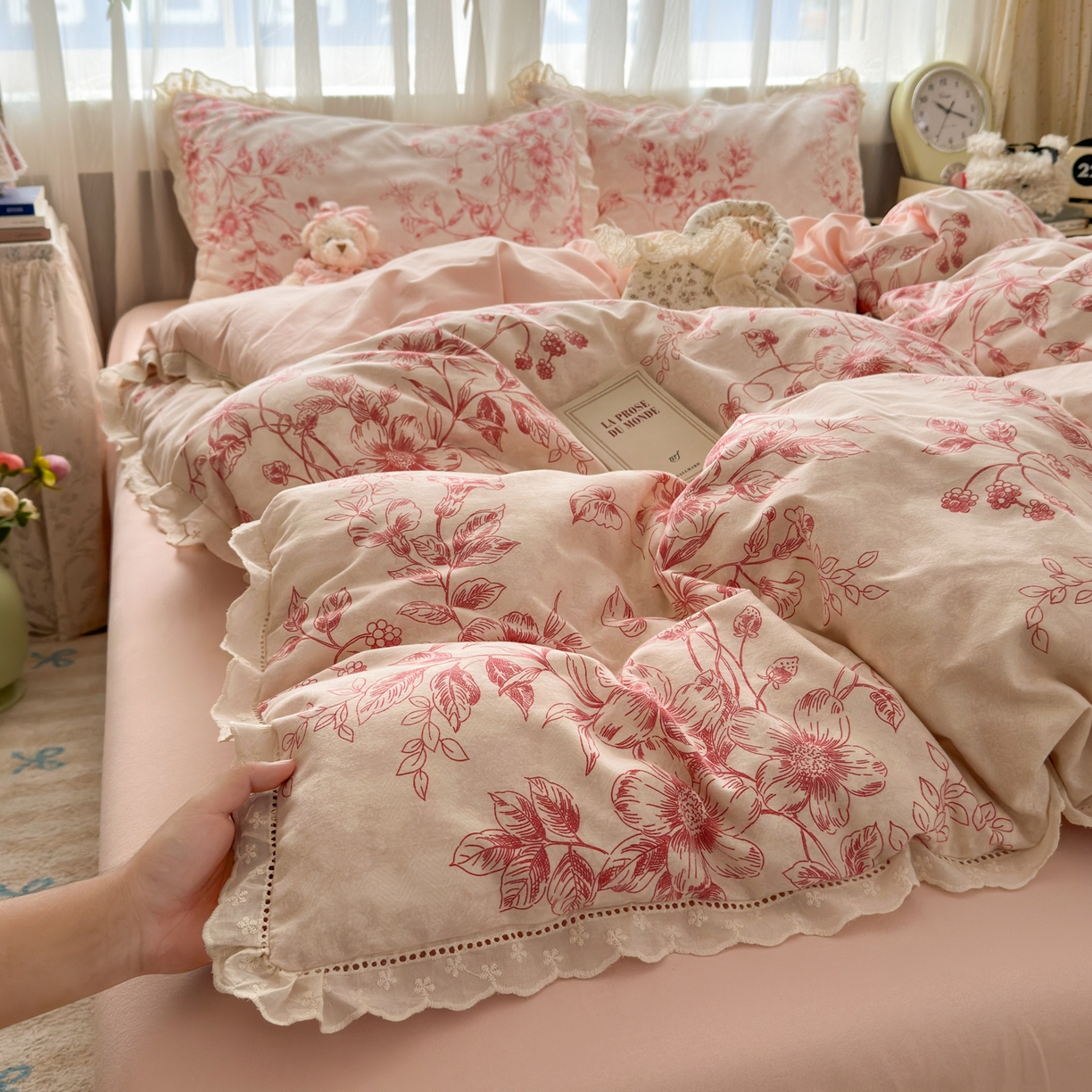 简宜家居（朝初家纺） 2025新款全棉磨毛蕾丝花边四件套 花蔓-红