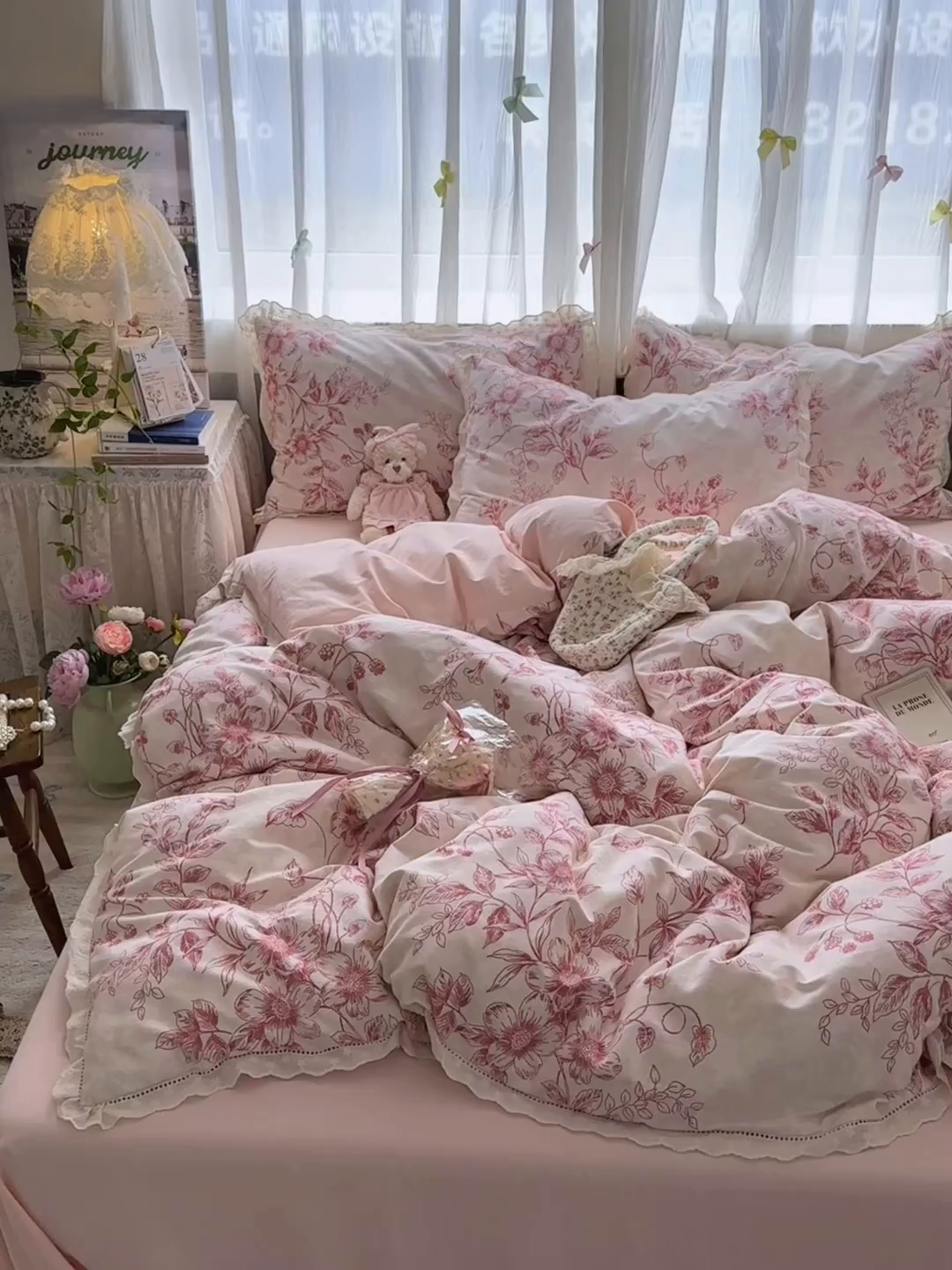 91家纺网 家纺一手货源 找家纺 简宜家居（朝初家纺） 2025新款全棉磨毛蕾丝花边四件套 花蔓-红