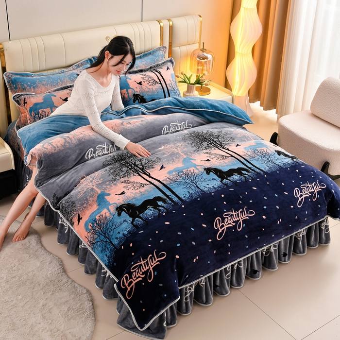 91家纺网 家纺一手货源 找家纺 （总）绒品荟家纺 2025新款8.5斤加厚牛奶绒金貂绒法莱绒四件套三件套冬季法兰绒床裙款高克重