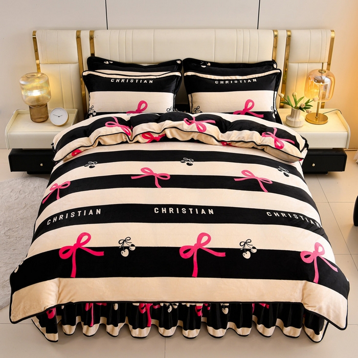 91家纺网 家纺一手货源 找家纺 绒品荟家纺 2025新款8.5斤加厚牛奶绒金貂绒法莱绒四件套三件套冬季法兰绒床裙款高克重情人结