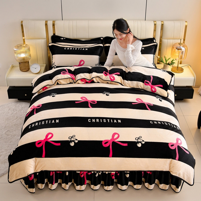 91家纺网 家纺一手货源 找家纺 绒品荟家纺 2025新款8.5斤加厚牛奶绒金貂绒法莱绒四件套三件套冬季法兰绒床裙款高克重情人结